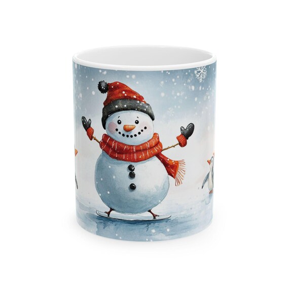 Cheerful Snowman and Penguins Ceramic Mug | Winter Holiday Coffee Cup 11 oz