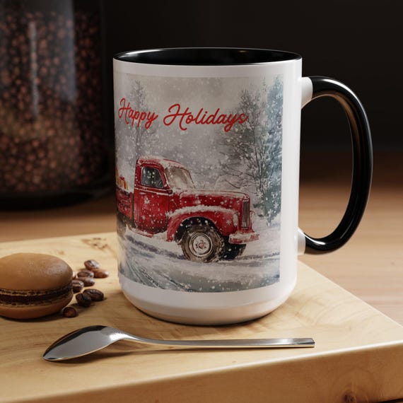 Holiday Coffee Mug, Cheerful Red Truck Winter Scene, 15oz