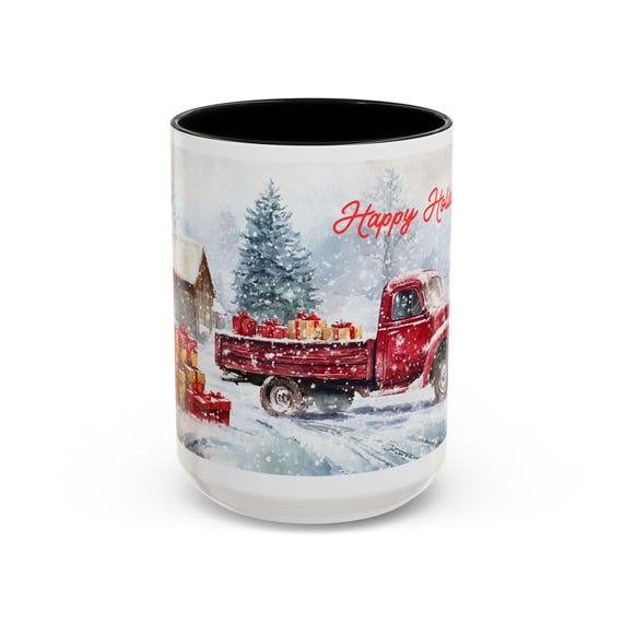 Holiday Coffee Mug, Cheerful Red Truck Winter Scene, 15oz