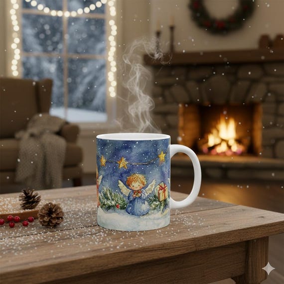 Christmas Angel Illustration Mug | Watercolor Holiday Scene Ceramic Mug 11 oz