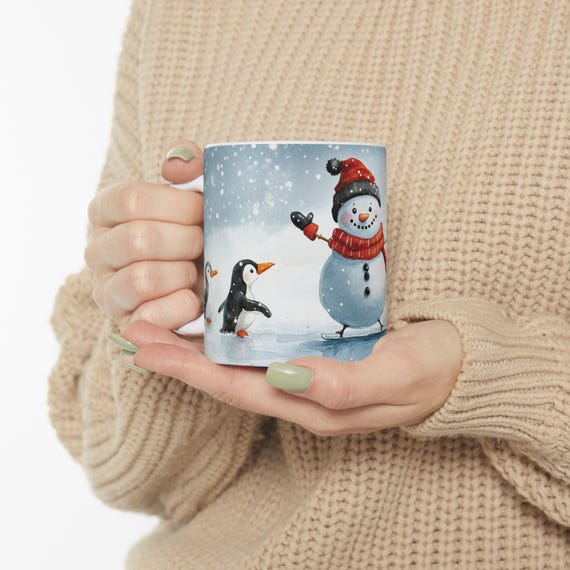 Cheerful Snowman and Penguins Ceramic Mug | Winter Holiday Coffee Cup 11 oz