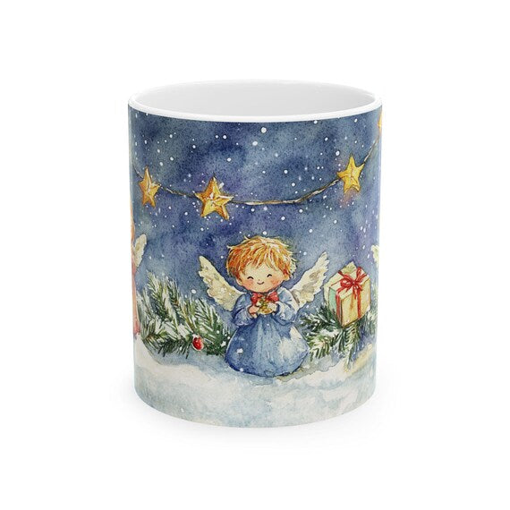 Christmas Angel Illustration Mug | Watercolor Holiday Scene Ceramic Mug 11 oz