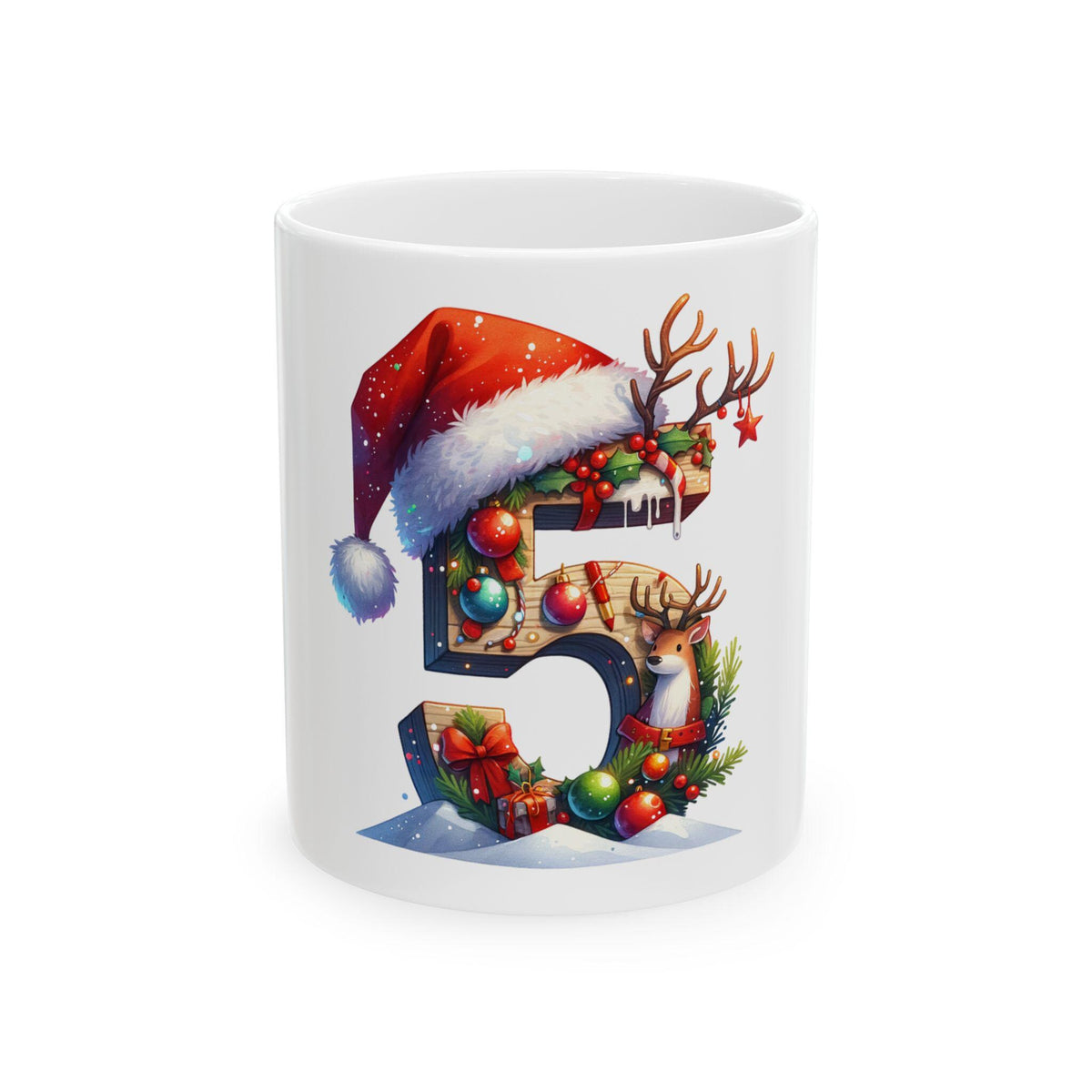 Christmas Number 5 Mug | Festive Santa Hat Reindeer Ornament Design 11 oz