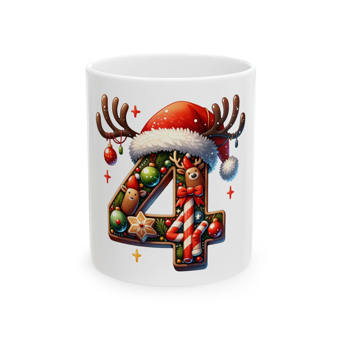 Christmas Number 4 Mug | Santa Hat Reindeer Antlers Holiday Ceramic Mug 11 oz