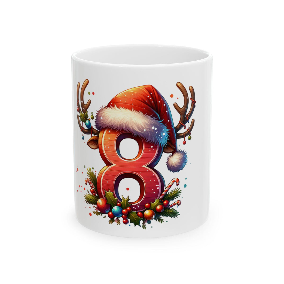 Festive Number 8 Mug | Christmas Santa Hat Reindeer Antlers Ceramic Mug 11 oz