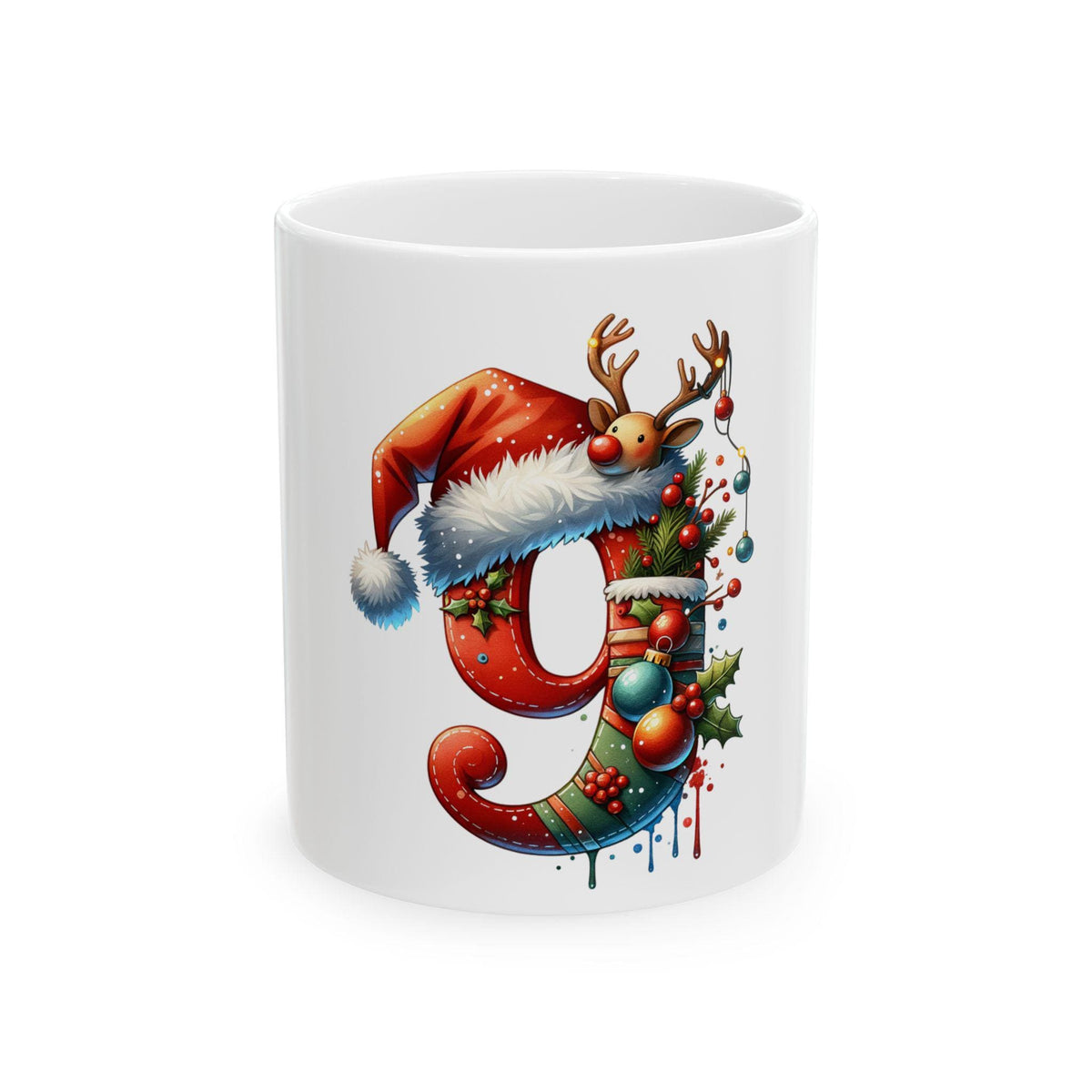 Christmas Number 9 Mug | Festive Santa Hat & Reindeer Ornament Design 11 oz