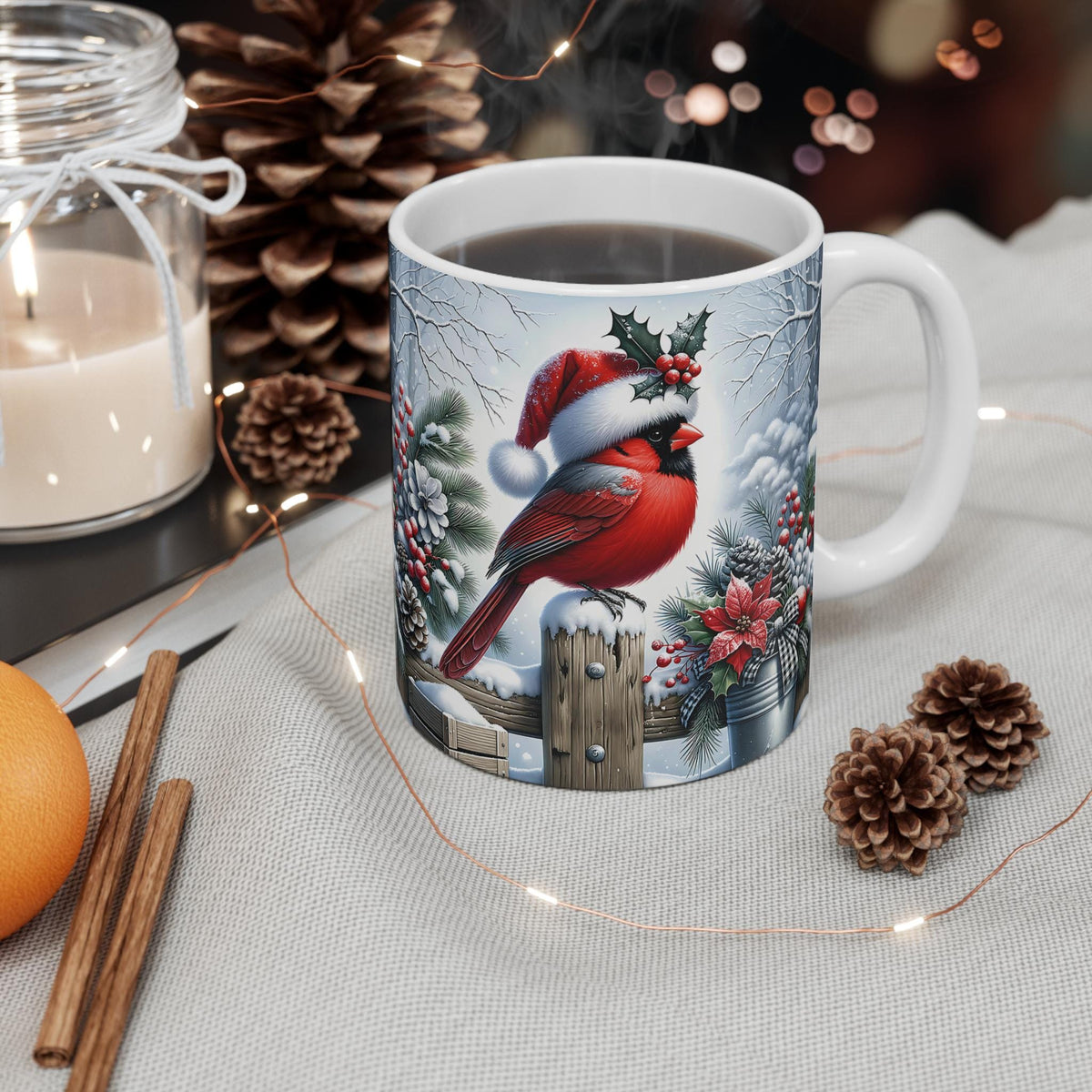 Cardinal in Santa Hat Mug | Winter Christmas Holiday Bird Coffee Cup 11 oz