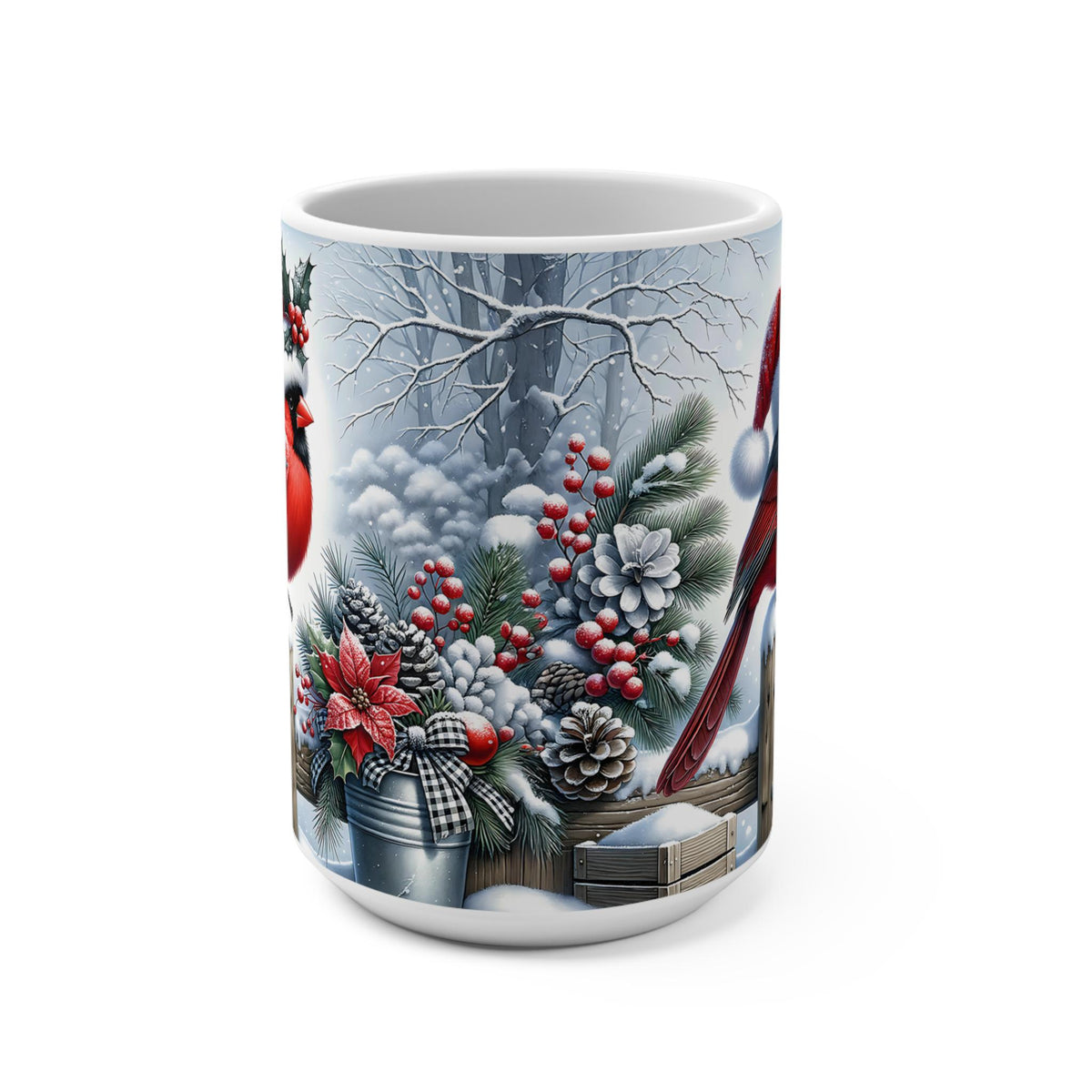 Cardinal in Santa Hat Mug | Winter Holiday Snow, Poinsettia & Holly 15 oz