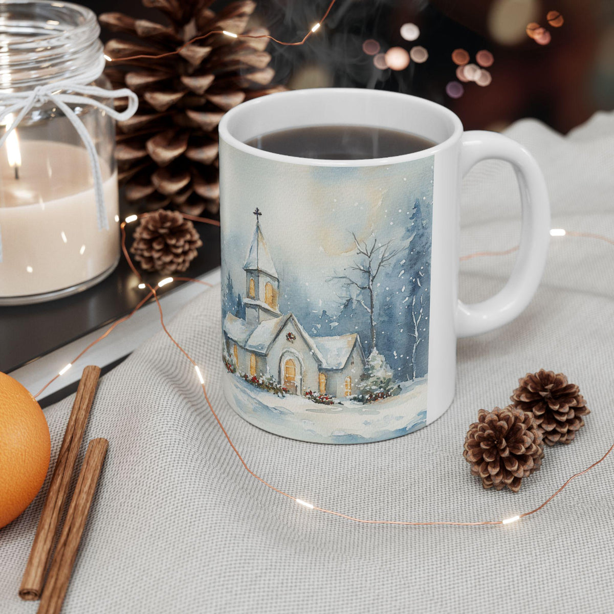 Snowy Church Winter Scene Ceramic Mug | Christmas Cottage Snowfall 11 oz