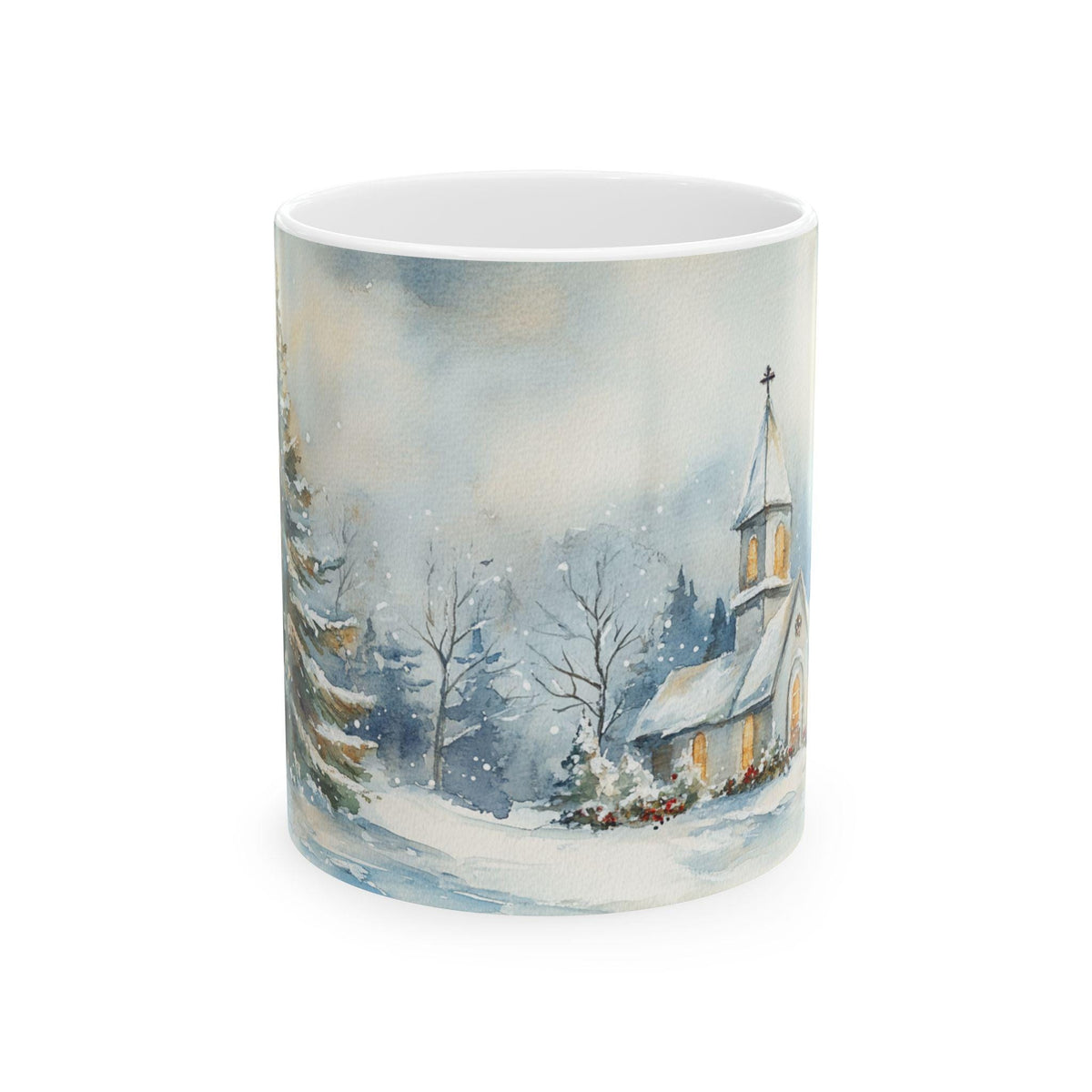 Snowy Church Winter Scene Ceramic Mug | Christmas Cottage Snowfall 11 oz