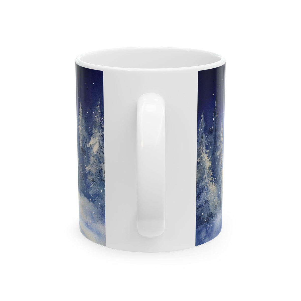 Snowman on Sled Winter Night Mug | Christmas Ceramic Coffee Cup