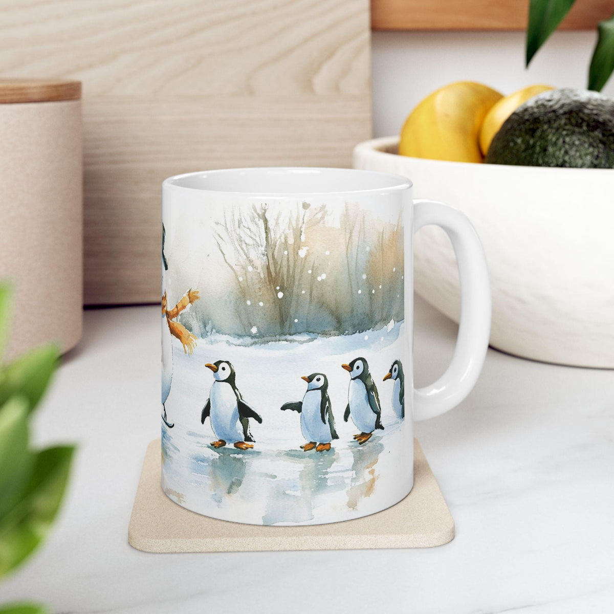 Snowman Ice Skating with Penguins Mug | Ceramic Coffee Cup 11 oz