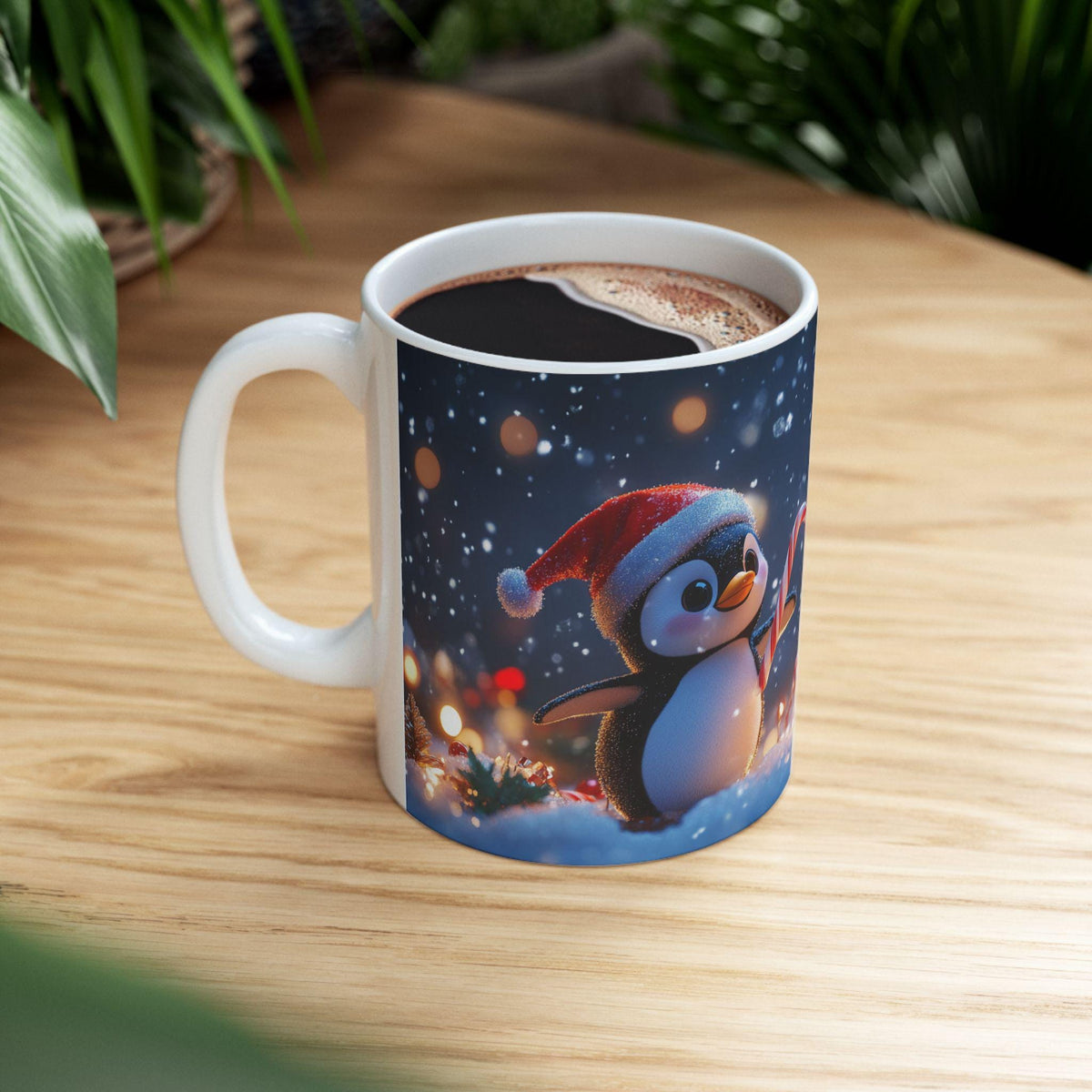 Christmas Penguin Candy Cane Ceramic Mug | Snowy Night