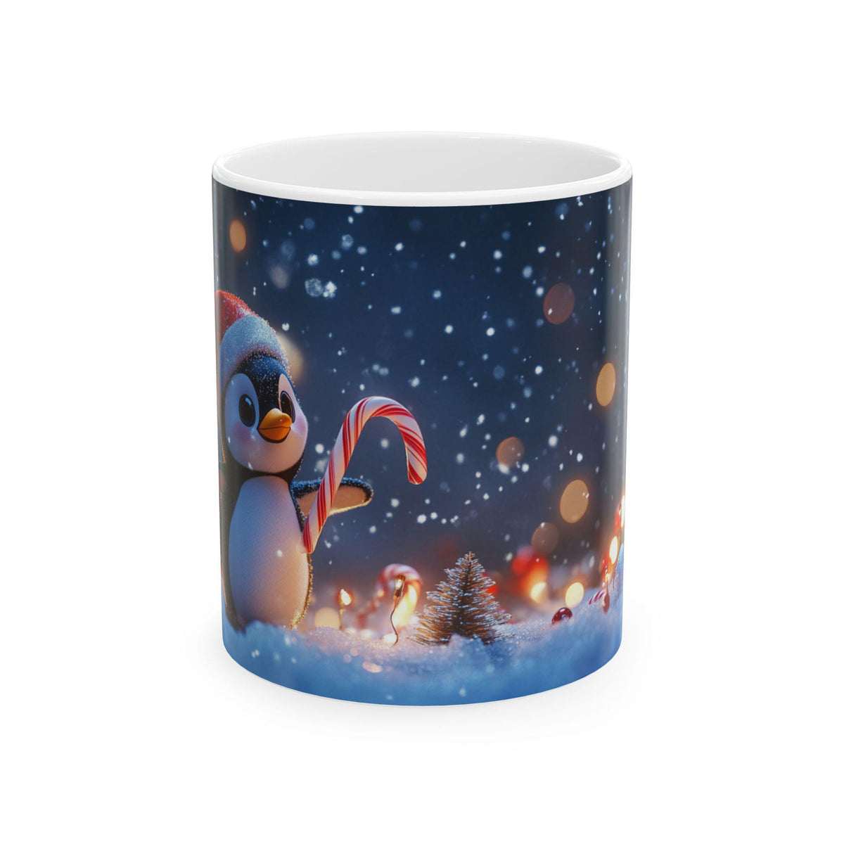 Christmas Penguin Candy Cane Ceramic Mug | Snowy Night