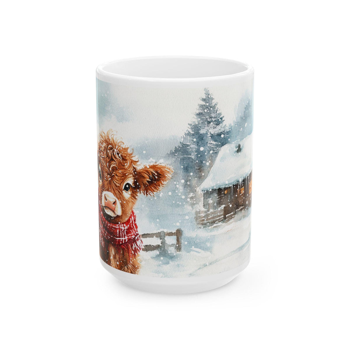 Highland Cow in Scarf Winter Scene Mug | Ceramic Coffee Cup 15 oz