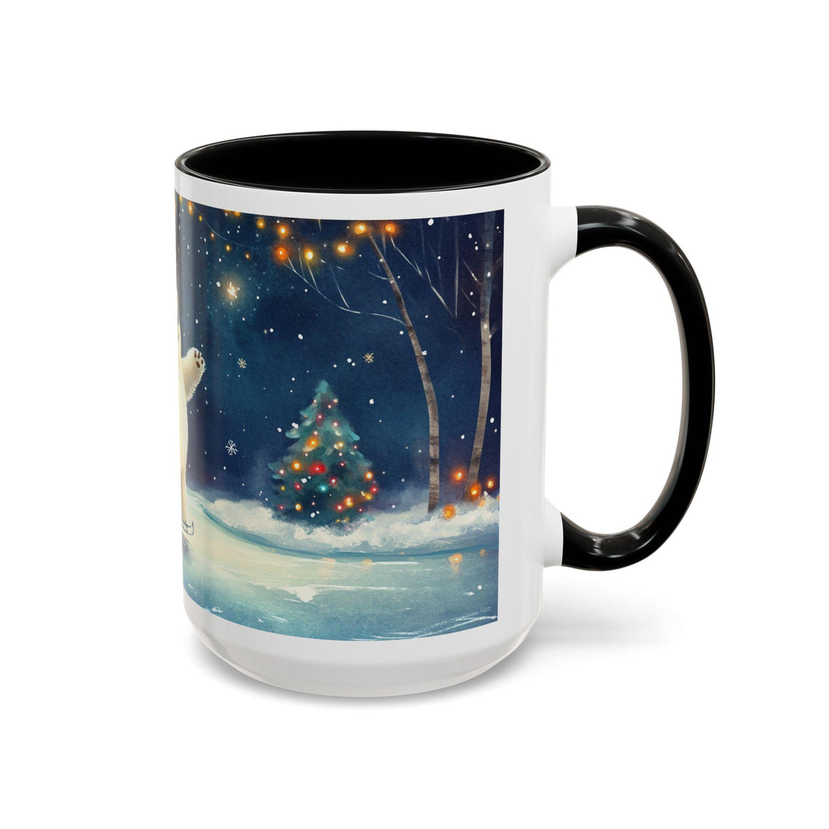 Ice Skating Polar Bear Mug | Holiday Winter Night Scene, 15 oz