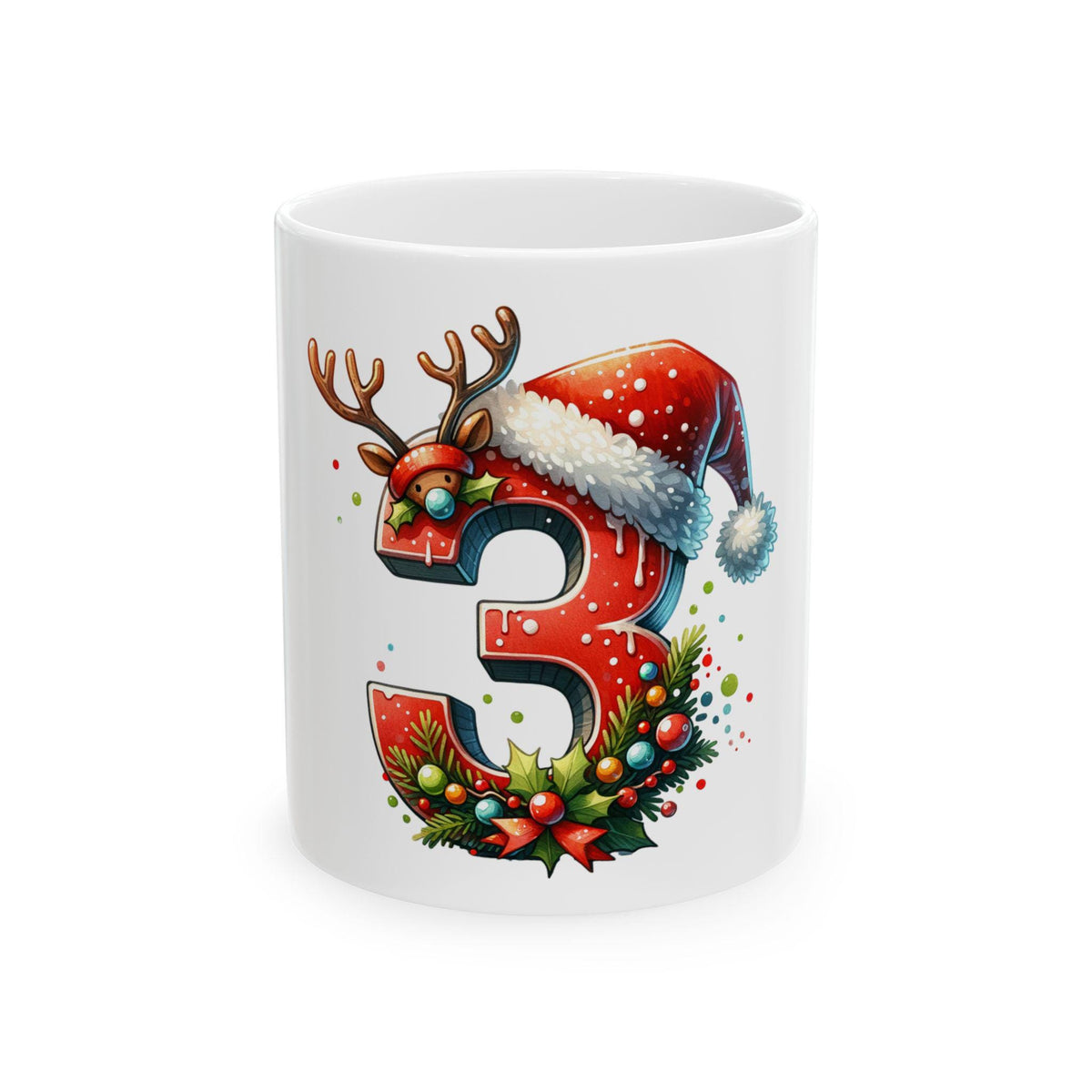 Festive Number 3 Christmas Mug | Reindeer Santa Hat, 11 oz