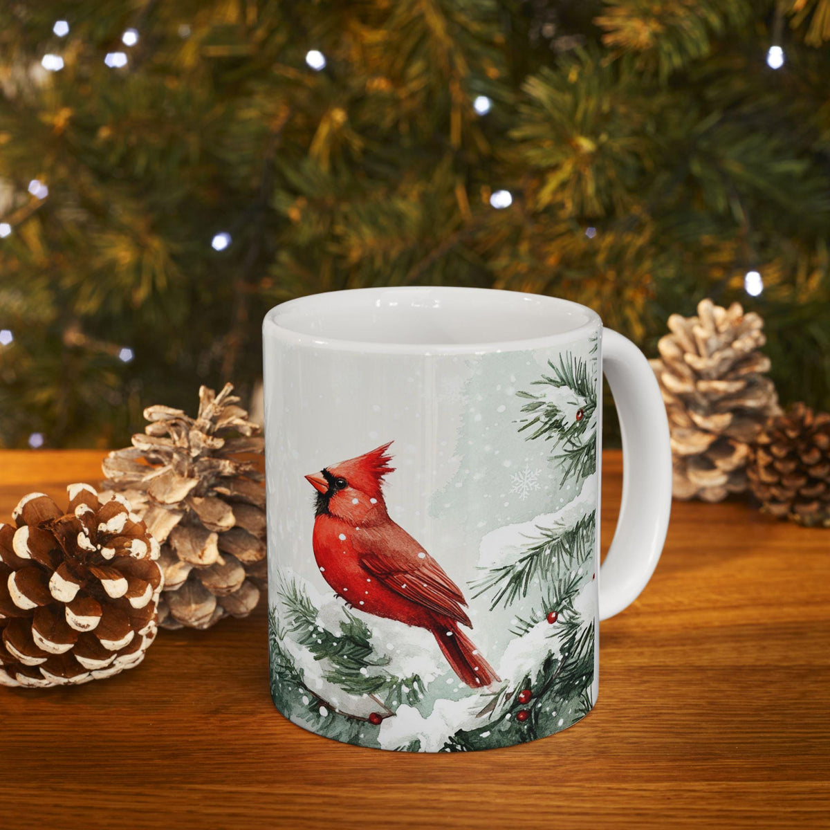 Red Cardinal on Snowy Pine Mug | Winter Bird Ceramic Mug 11 oz