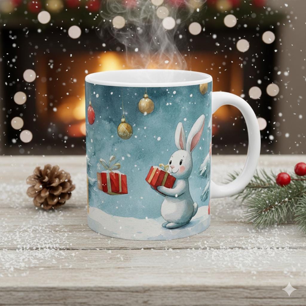 Bunny with Presents Mug | Christmas Holiday Ceramic Mug 11 oz
