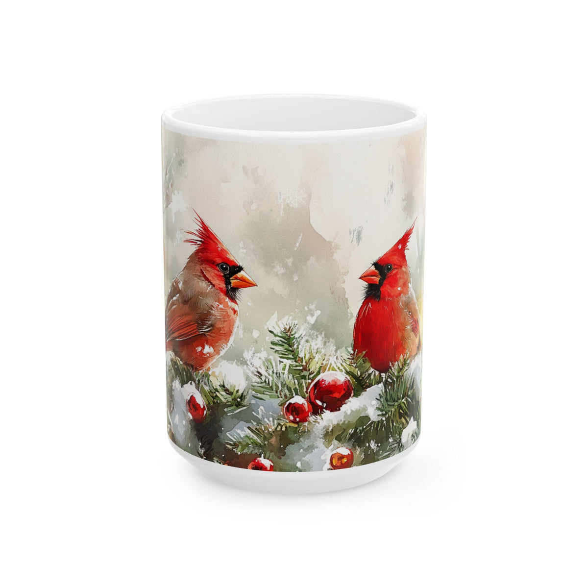 Winter Cardinal Ceramic Coffee Mug, Holiday Bird Lover Gift 15 oz