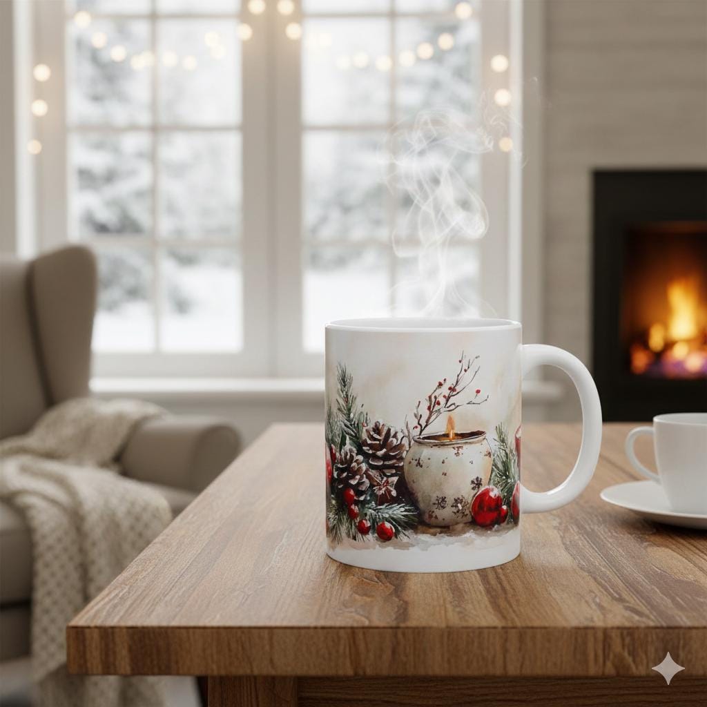 Christmas Candle Ceramic Mug, Pinecone and Ornament Design, Winter Gift (11 oz)