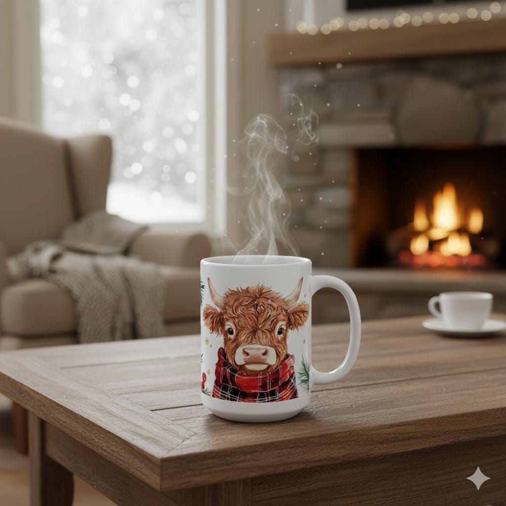 Christmas Highland Cow Mug, Festive Farmhouse Decor, 15oz