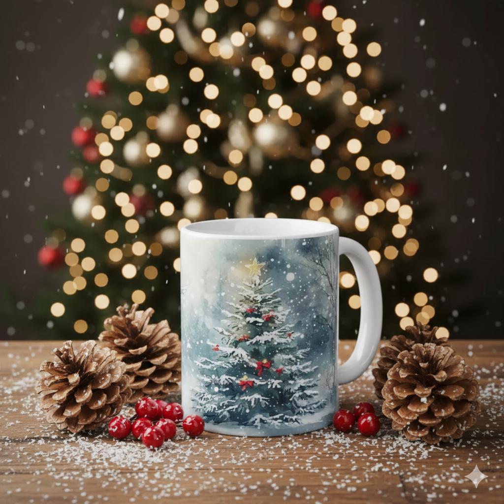 Winter Wonderland Ceramic Mug, Snowy Christmas Tree, Holiday Drinkware (11oz)