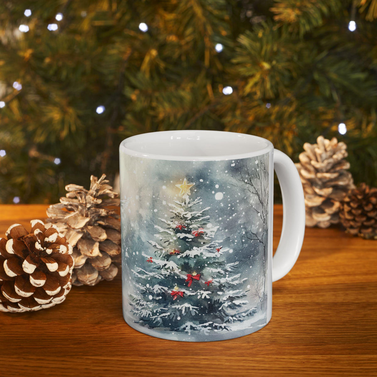 Winter Wonderland Ceramic Mug, Snowy Christmas Tree, Holiday Drinkware (11oz)
