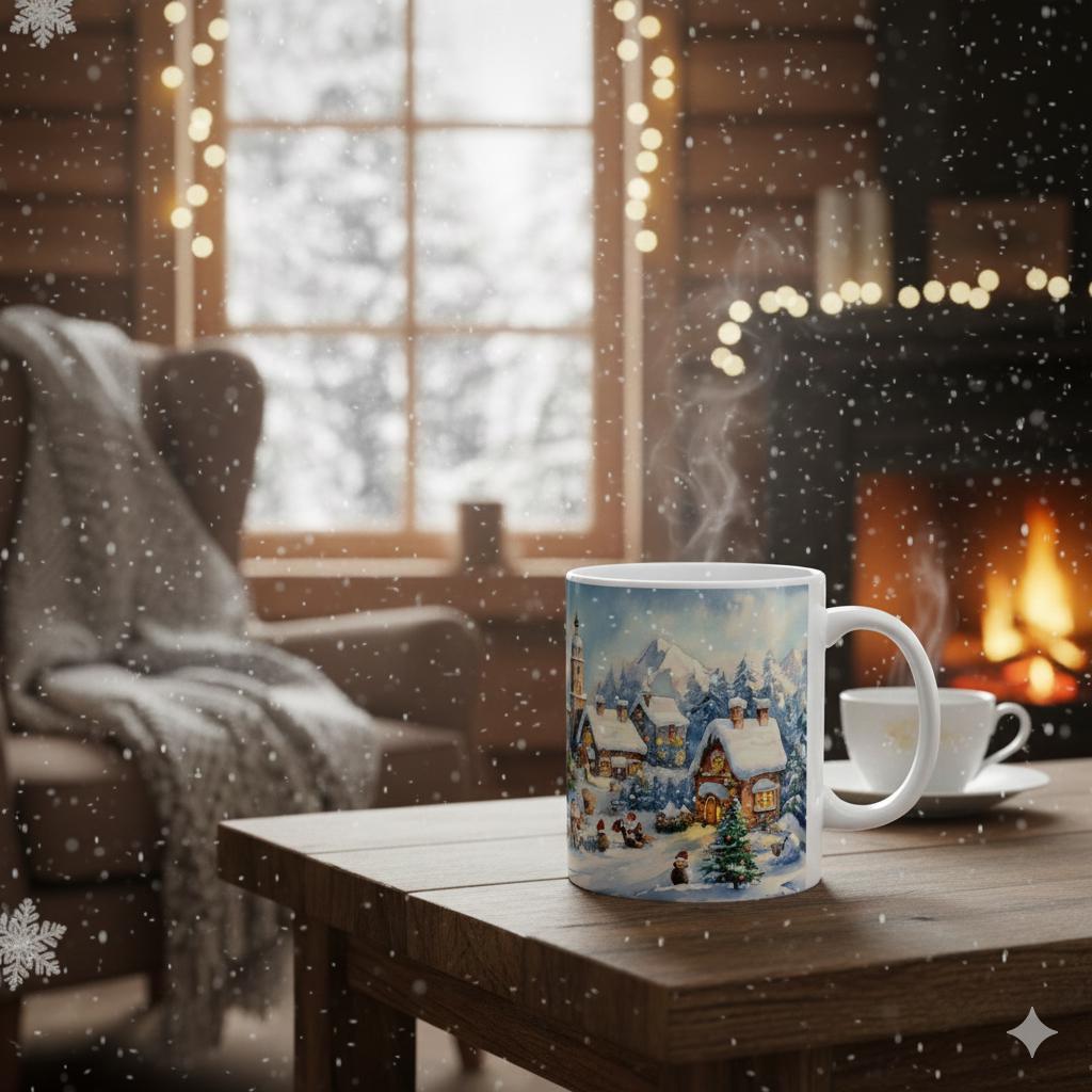 Snowy Village Christmas Scene Mug | Winter Holiday Ceramic Mug 11 oz
