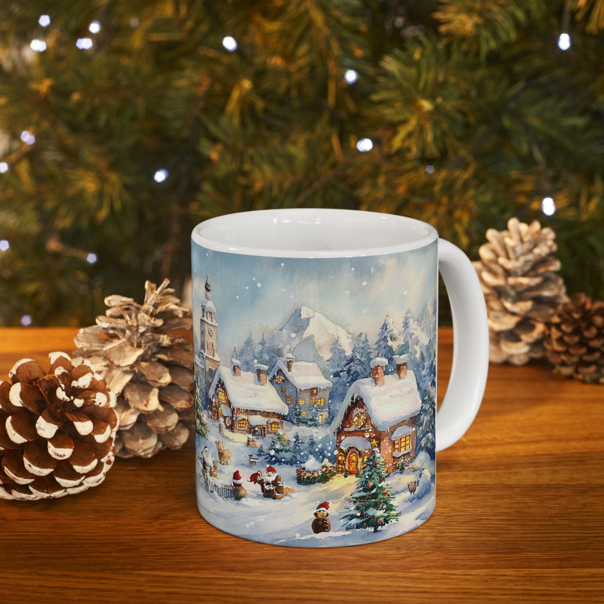 Snowy Village Christmas Scene Mug | Winter Holiday Ceramic Mug 11 oz