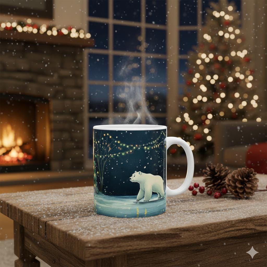 Polar Bear Winter Night Mug | Forest Lights Ceramic Coffee Cup