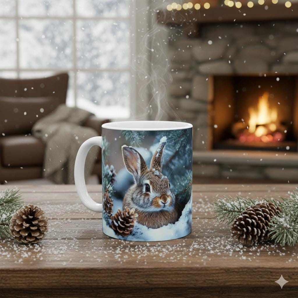 Winter Bunny Mug | Snowy Pinecone Rabbit Ceramic Mug 11oz Easter Mug , Gift for kids Easter Bunny Mug