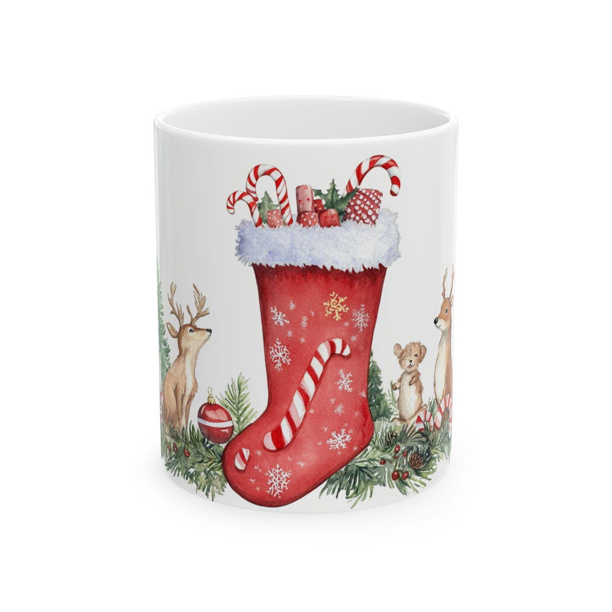 Christmas Stocking with Candy Canes Mug | Holiday Reindeer and Pine Garland Mug 11 oz