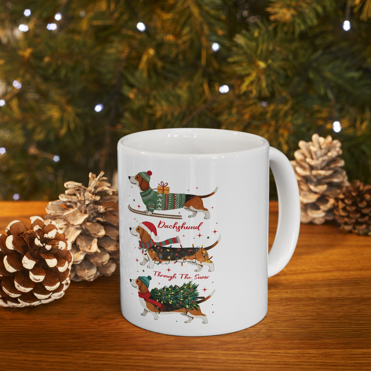 Dachshund Santa Sweater Pattern Mug | Ceramic Mug 11 oz, Christmas Dog