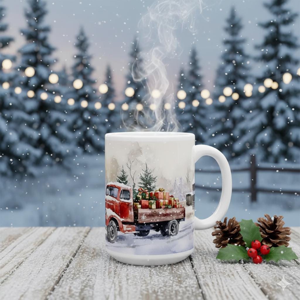 Vintage Truck Christmas Mug, Rustic Holiday Coffee Cup