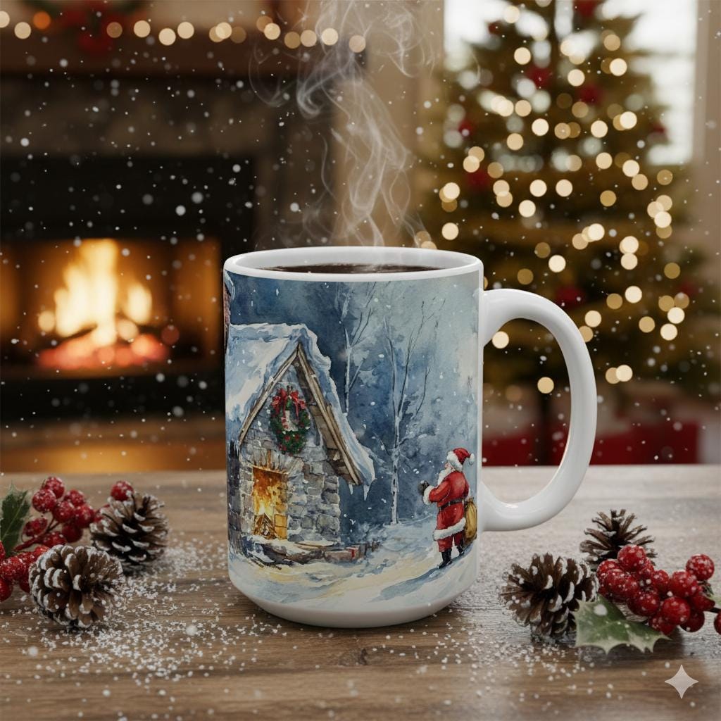 Watercolor Santa Cottage Mug, Festive Christmas Coffee Cup (15 oz)