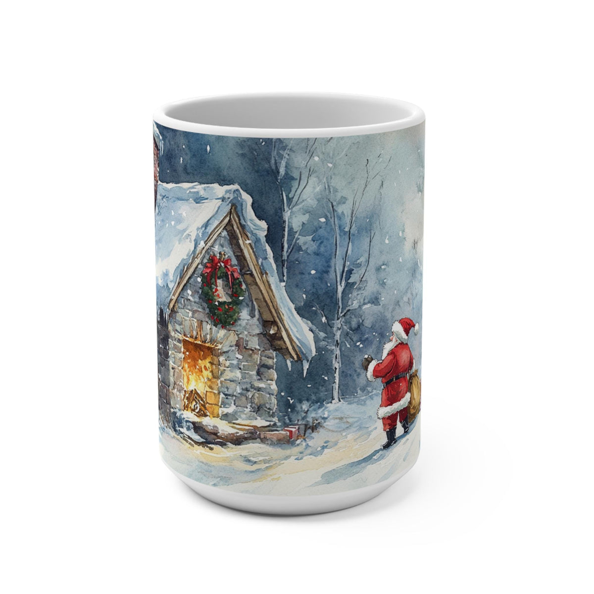 Watercolor Santa Cottage Mug, Festive Christmas Coffee Cup (15 oz)