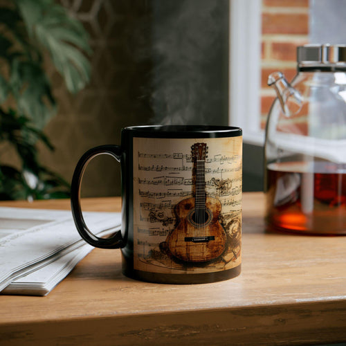 Acoustic Guitar Sheet Music Mug | Black Ceramic Musician Coffee Cup 11 oz