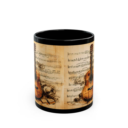 Acoustic Guitar Sheet Music Mug | Black Ceramic Musician Coffee Cup 11 oz