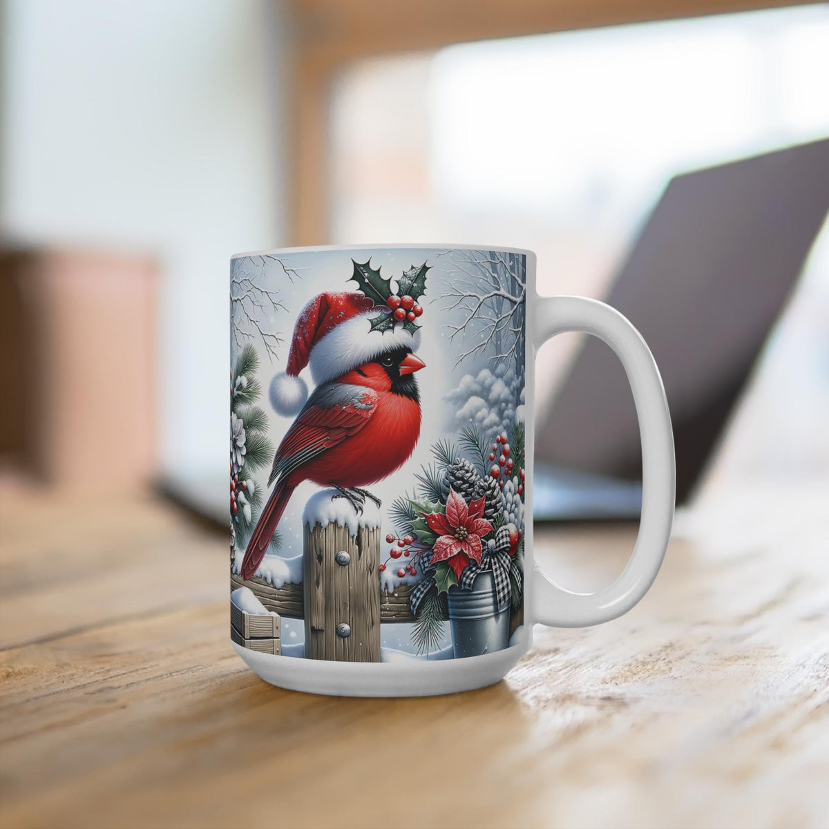 Cardinal in Santa Hat Mug | Winter Holiday Snow, Poinsettia & Holly 15 oz