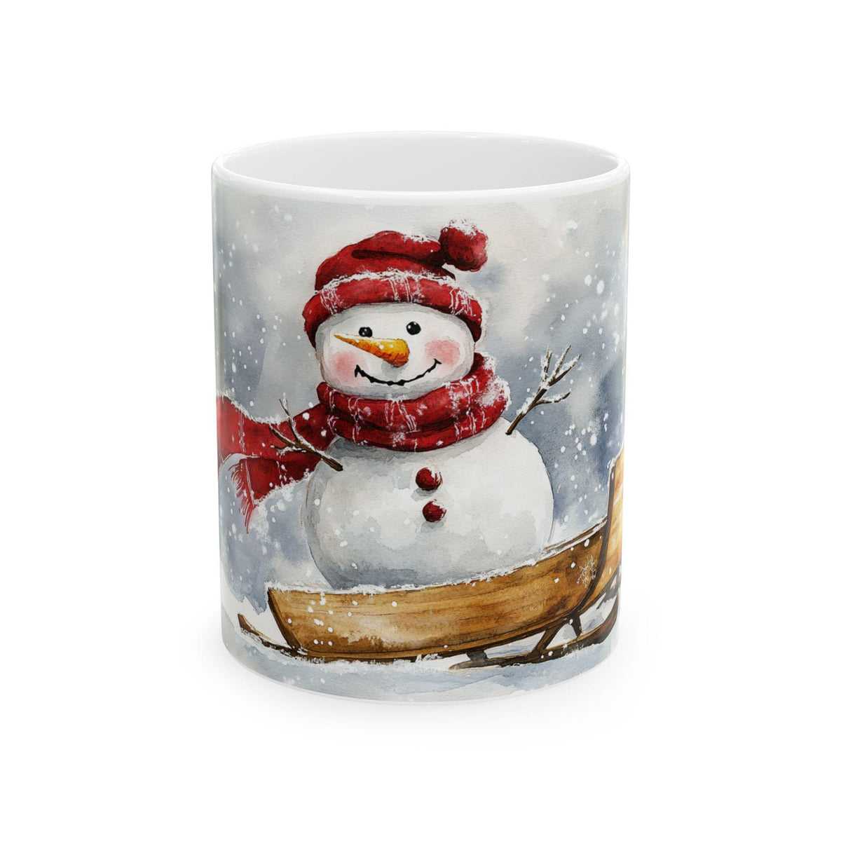 Snowman with Red Scarf Ceramic Mug | Winter Holiday Snow Scene 11 oz