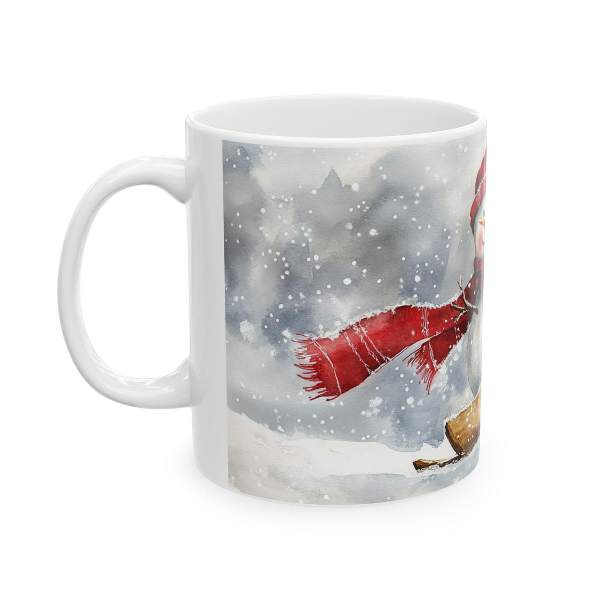 Snowman with Red Scarf Ceramic Mug | Winter Holiday Snow Scene 11 oz
