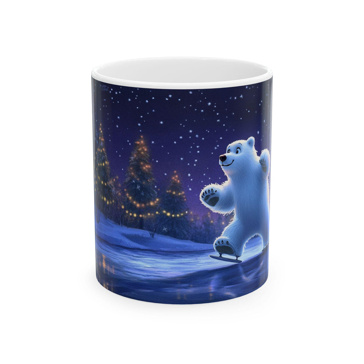 Ice Skating Polar Bear Mug | Winter Night Holiday Trees Ceramic Mug 11 oz