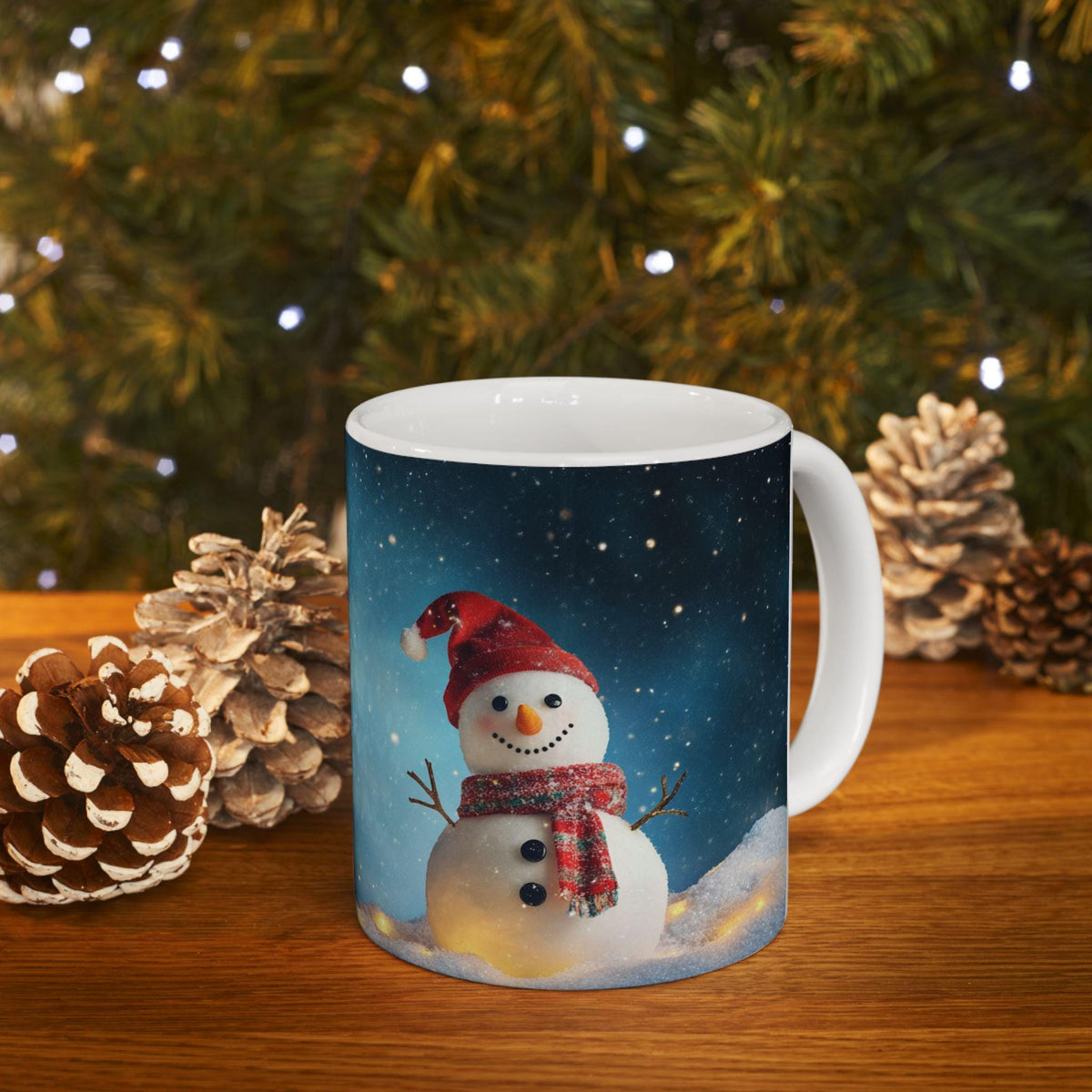 Snowman and Christmas Tree Mug | Holiday Night Snow Scene Ceramic Mug 11 oz