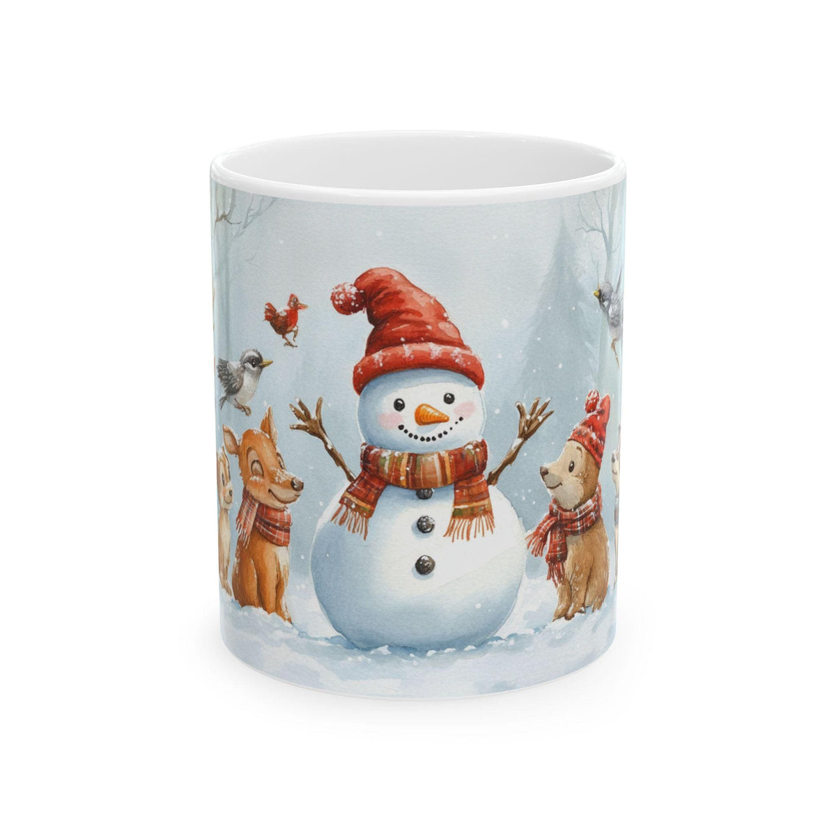 Snowman with Woodland Friends Mug | Winter Snow Scene Ceramic Mug