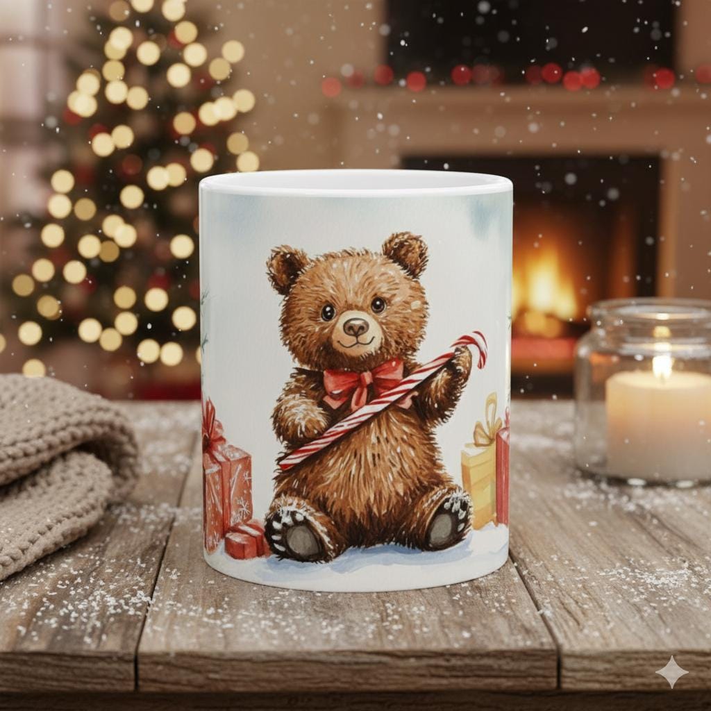 Teddy Bear with Candy Cane Mug | Christmas Tree Holiday Ceramic Mug 11 oz Kids Gift