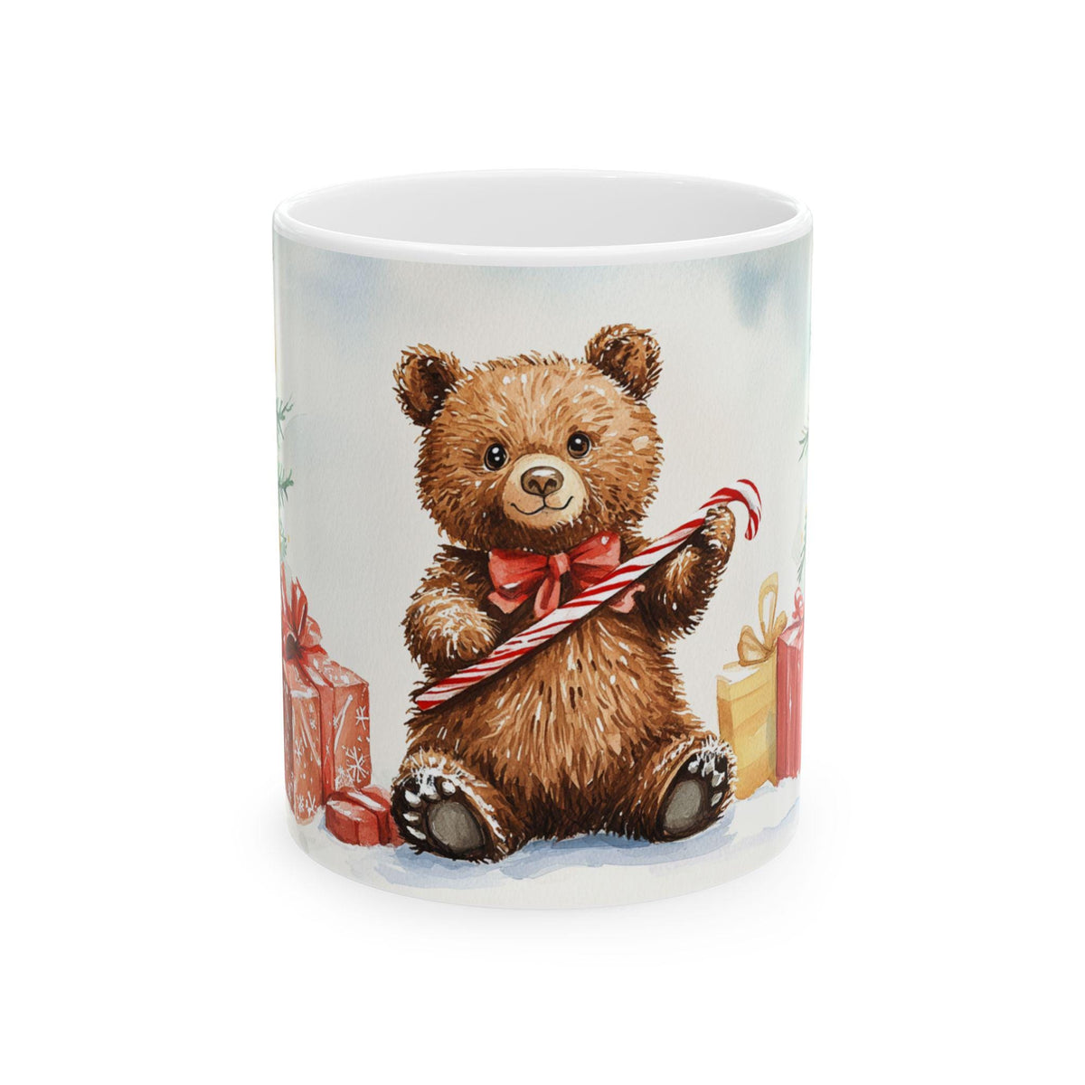 Teddy Bear with Candy Cane Mug | Christmas Tree Holiday Ceramic Mug 11 oz Kids Gift