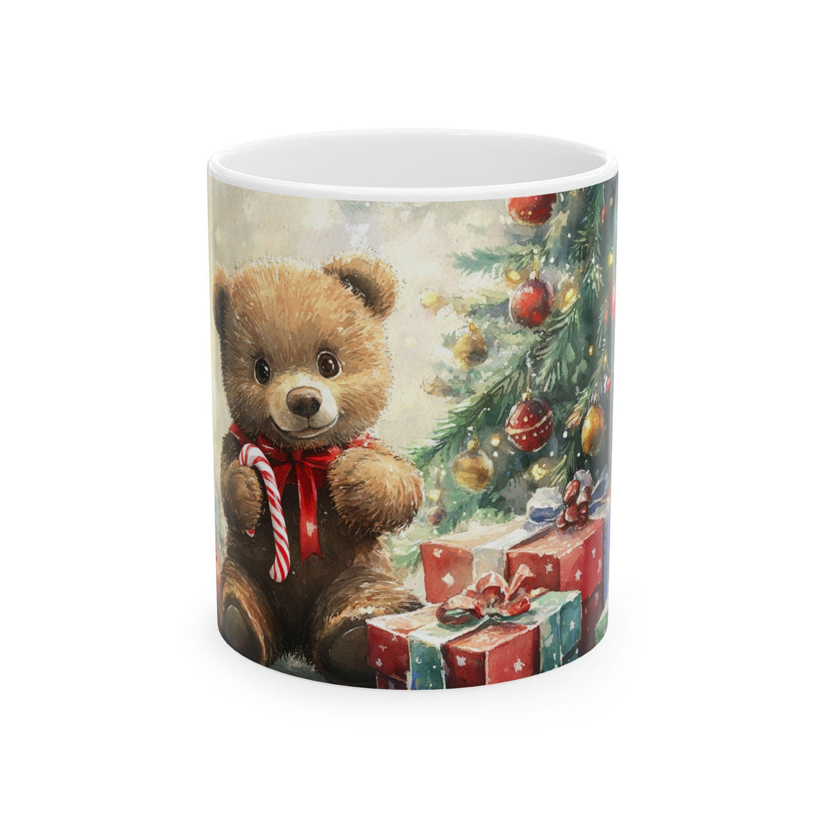 Teddy Bear with Candy Cane Mug | Christmas Tree, Presents 11 oz