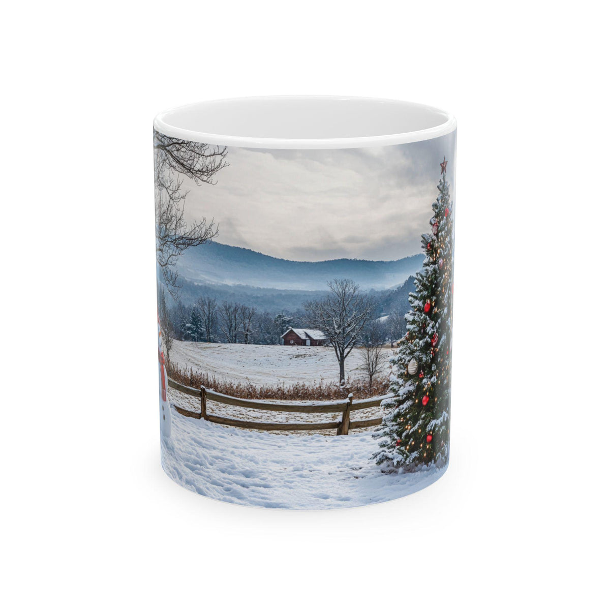 Snowy Farm Landscape Christmas Tree Mug | Winter Cabin Scene Ceramic Mug 11 oz