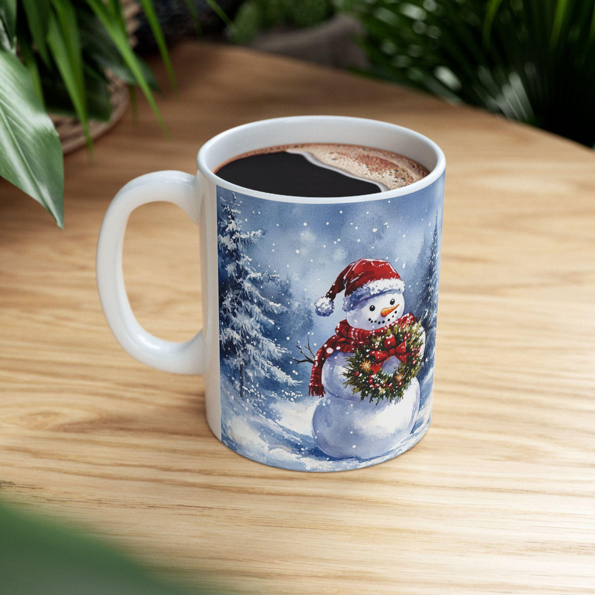 Snowman with Wreath Winter Cabin Mug | Christmas Snow Scene Mug 11 oz